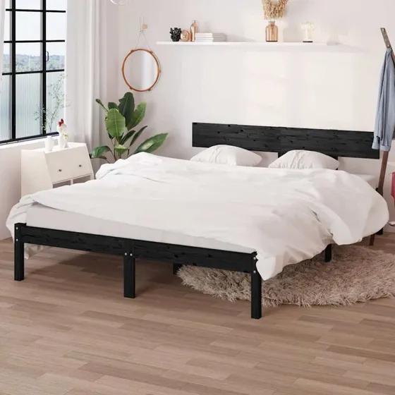 Sengeramme 135x190 cm i massivt fyrretræ, sort