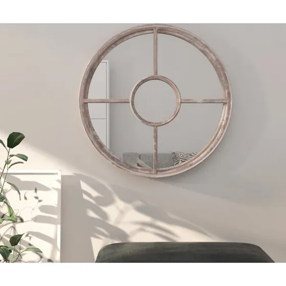 Rundt spejl 60 cm i jern, sandfarvet rusteffekt