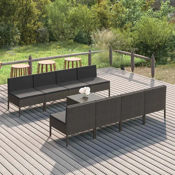 Loungesæt til haven 9 dele i grå polyrattan