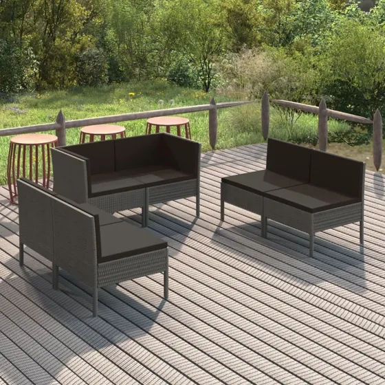 Loungesæt i polyrattan 6 dele med hynder - grå