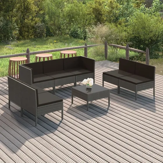 Gråt loungesæt i polyrattan 8 dele med hynder