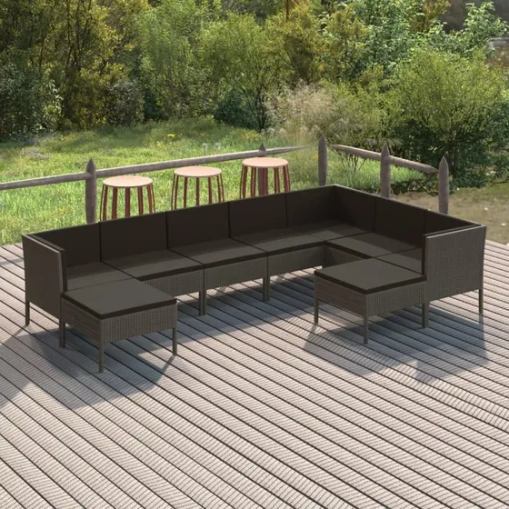Loungesæt i polyrattan 9 dele med hynder, grå