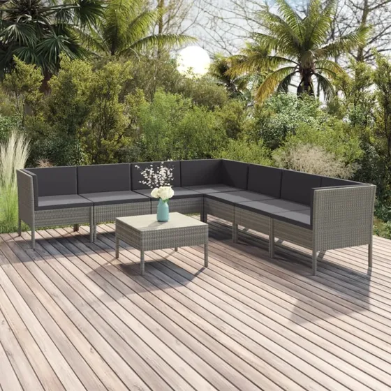 Loungesæt i polyrattan 8 dele med hynder – Grå