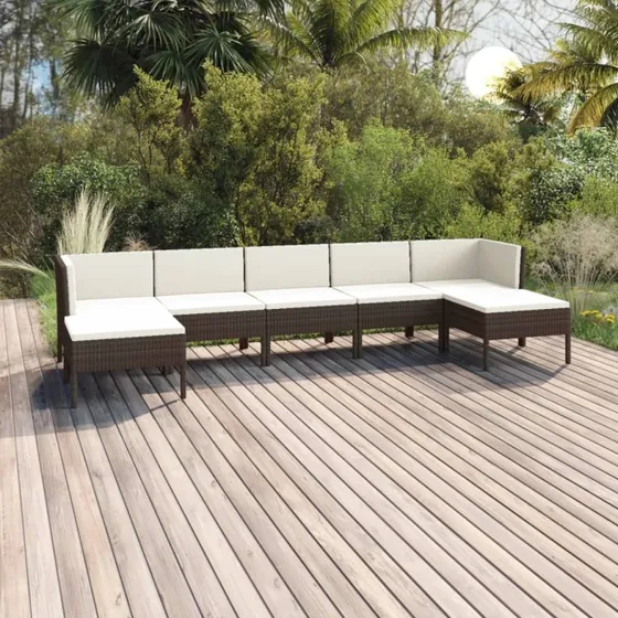Loungesæt 7 dele i polyrattan med hynder - brun