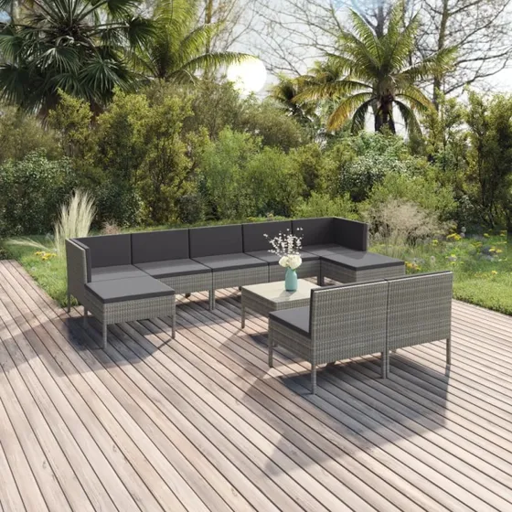 Loungesæt i grå polyrattan 10 dele med hynder