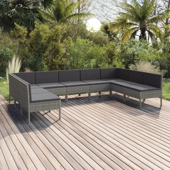 Loungesæt til haven 9 dele i grå polyrattan med hynder