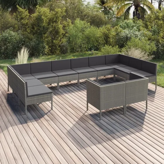 Loungesæt til haven 12 dele i grå polyrattan med hynder