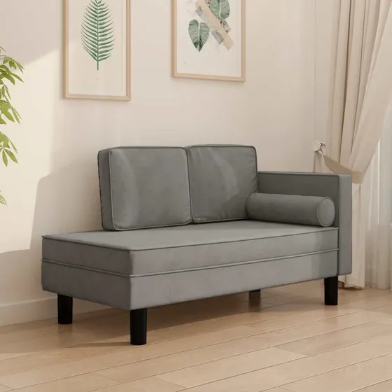 Chaiselong i fløjl med hynder og bolster, lysegrå