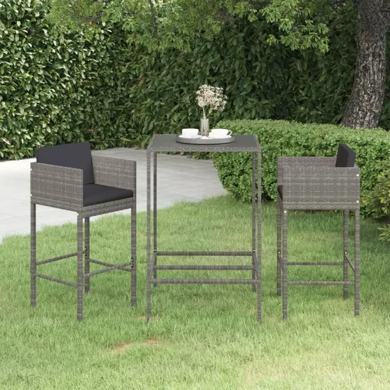 Barsæt til haven 3 dele i grå polyrattan med hynder