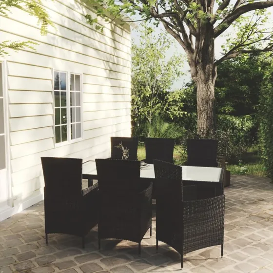 Udendørs spisebordssæt 7 dele i sort polyrattan