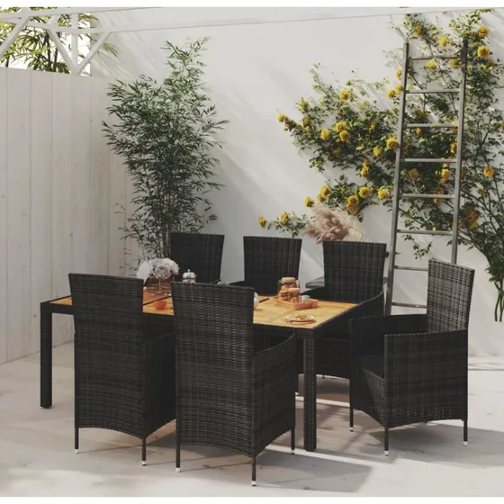 Udendørs spisebordssæt 7 dele i sort polyrattan