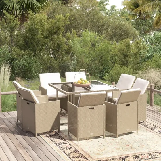 Spisebordssæt i polyrattan 9 dele beige med hynder