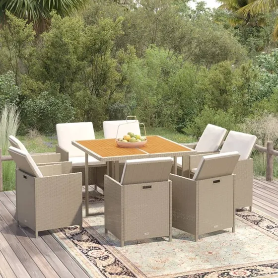 Spisebordssæt 9 dele i beige polyrattan med hynder