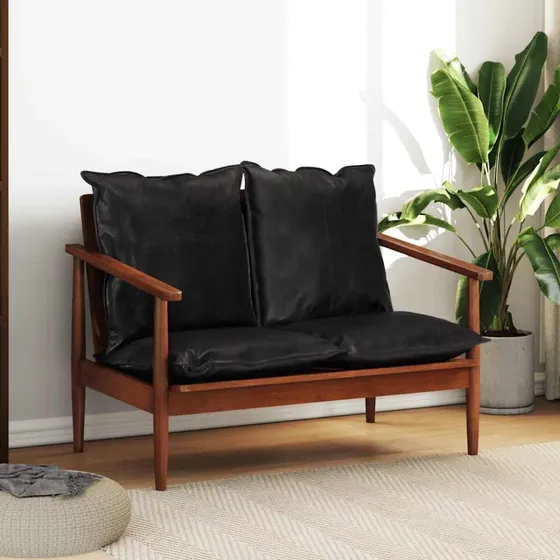 2-personers sofa i ægte læder & massivt akacietræ, sort