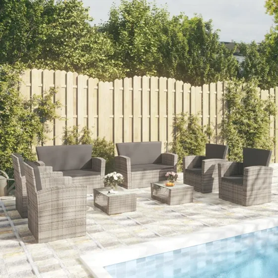 Loungesæt i polyrattan 8 dele med hynder - grå