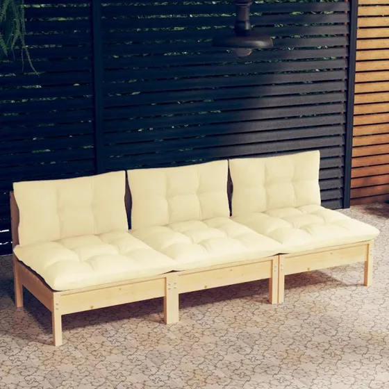 3-personers havesofa i massivt fyrretræ med cremehynder