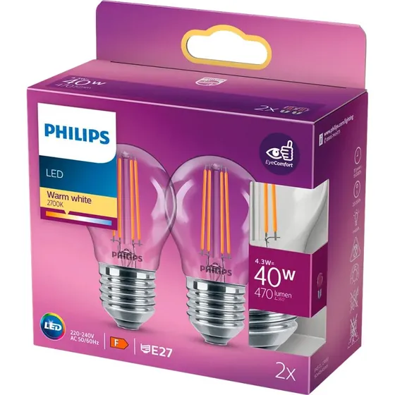 PHILIPS LED Classic Krone Filament 40W E27 varm hvid 2-pak