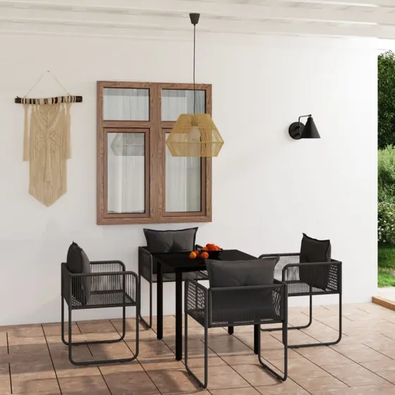 Spisebordssæt til haven 5 dele - sort, polyrattan & glas