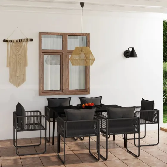 Havemøbelsæt 7 dele sort – Glasbord & polyrattan stole