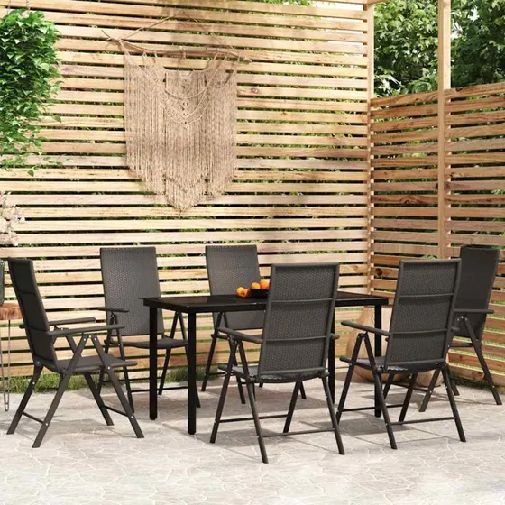 Spisebordssæt til haven 7 dele, sort (glas & polyrattan)