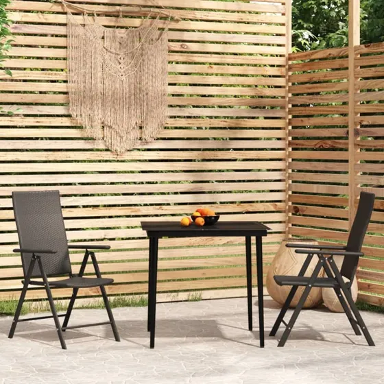 Sort havemøbelsæt 3 dele – bord med glas & 2 polyrattanstole