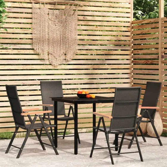 Spisebordssæt til haven 5 dele, sort - polyrattan & glas