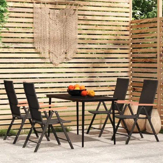 Spisebordssæt til haven 5 dele – sort polyrattan & glas