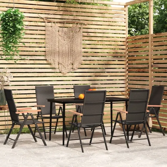 Spisebordssæt til haven 7 dele – sort, polyrattan & glas