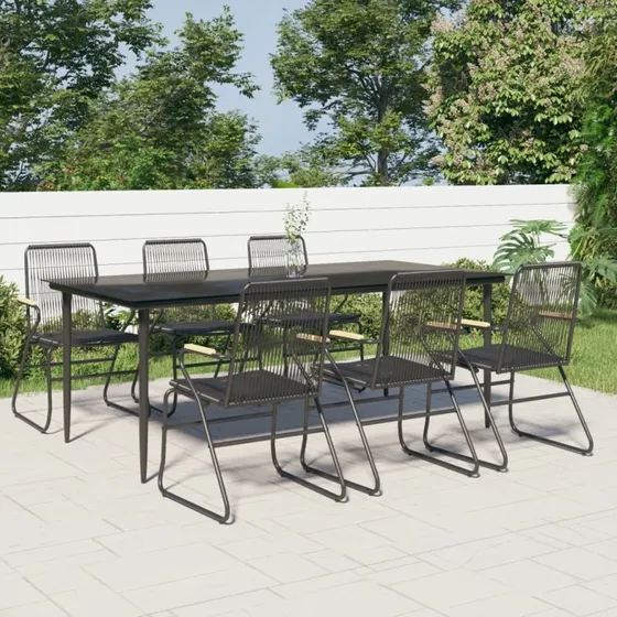 Havemøbelsæt 7 dele i sort PVC-rattan med glasbord