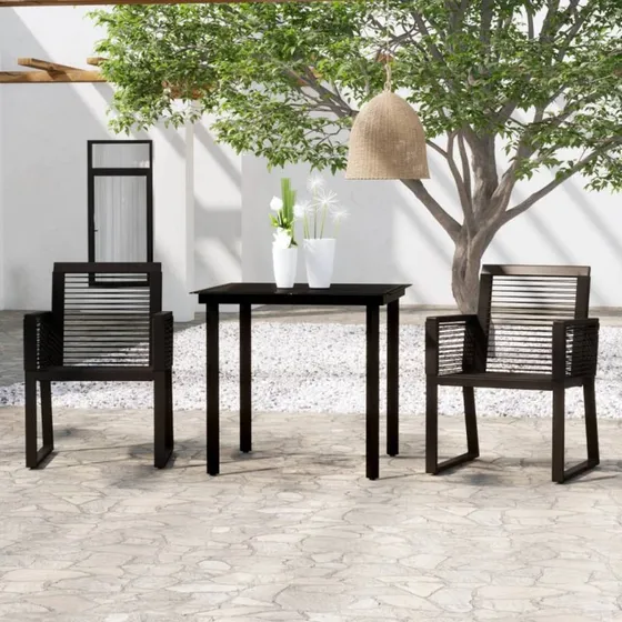 Sort havemøbelsæt 3 dele – bord med glas og 2 PVC-rattan stole