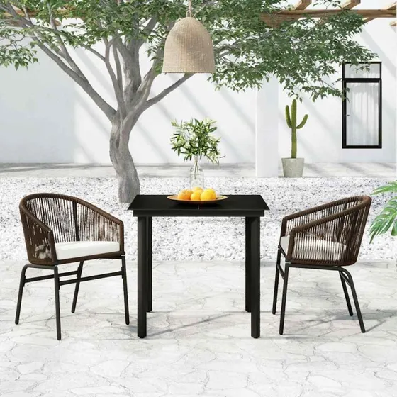 Havemøbelsæt 3 dele brun – stål, glas & PVC-rattan