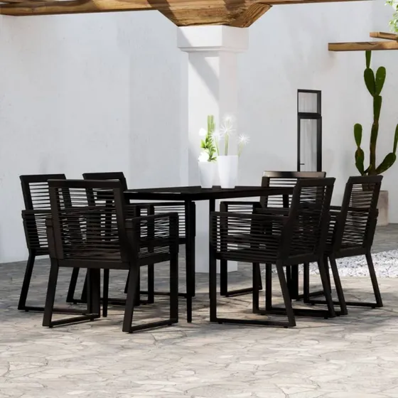 Havestel spisebordssæt 7 dele sort – glas & PVC-rattan