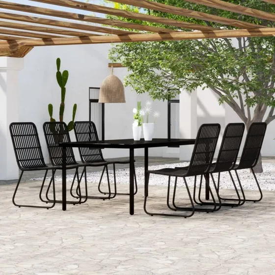 Spisebordssæt til haven 7 dele, sort (stål/glas/polyrattan)
