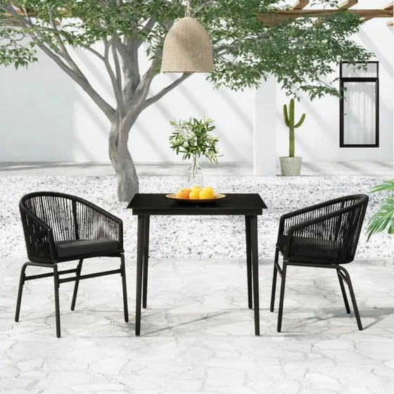 Spisebordssæt til haven 3 dele, sort - PVC-rattan & glas