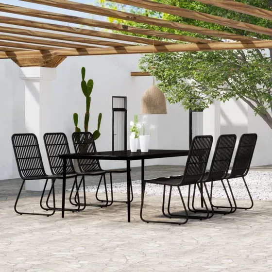 Spisebordssæt til haven 7 dele - sort, polyrattan & glas