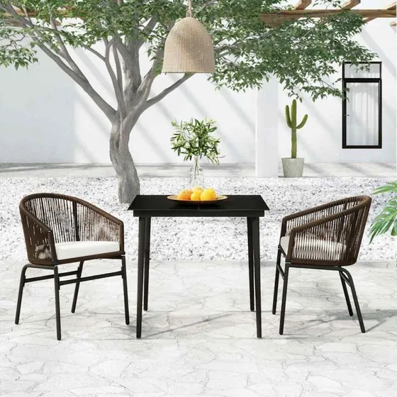 Havemøbelsæt 3 dele brun – stål, glas & PVC-rattan