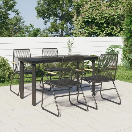Havemøbelsæt 5 dele i sort PVC-rattan med glasbord