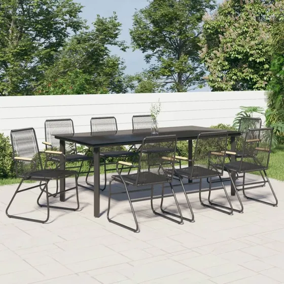 Havemøbelsæt 9 dele i sort PVC-rattan med glasbord