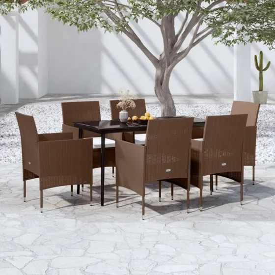 Havemøbelsæt 7 dele med hynder – brun polyrattan & sort stel
