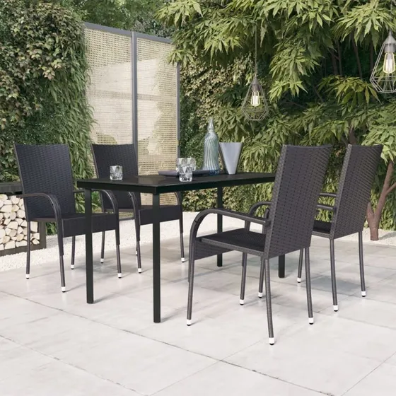 Udendørs spisebordssæt 5 dele – sort, polyrattan & glas