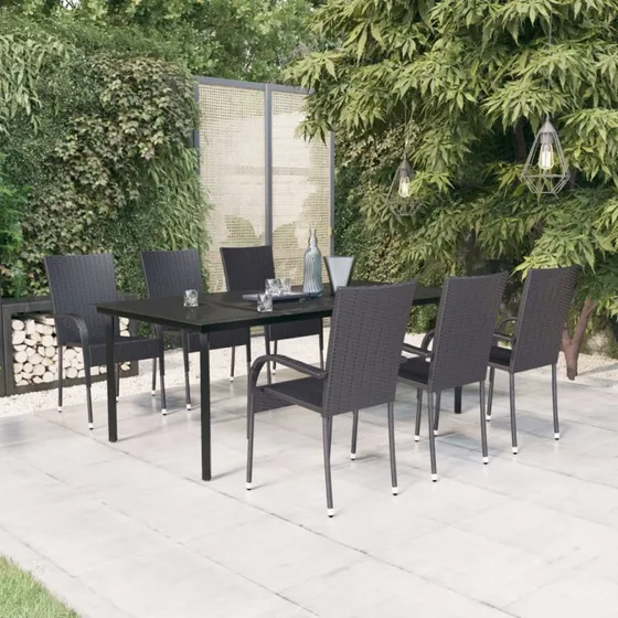 Spisebordssæt til haven 7 dele – sort, polyrattan & glas