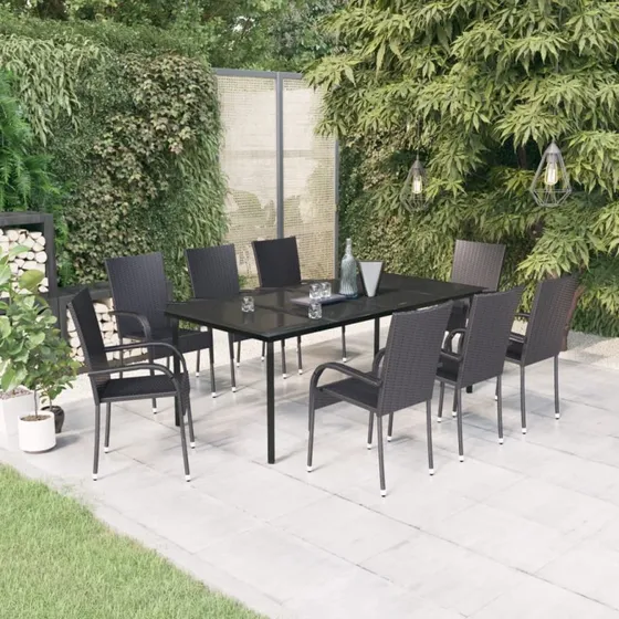 Spisebordssæt til haven 9 dele - sort polyrattan