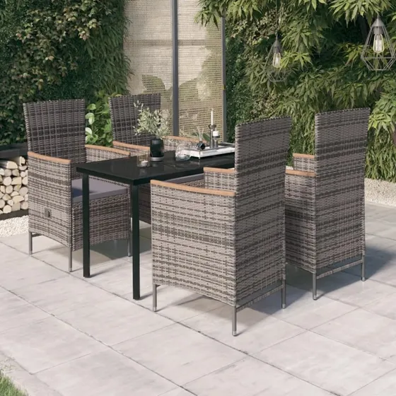 Havemøbelsæt 5 dele med hynder - gråt polyrattan