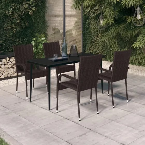 Havemøbelsæt 5 dele i brun/sort – polyrattan & glas