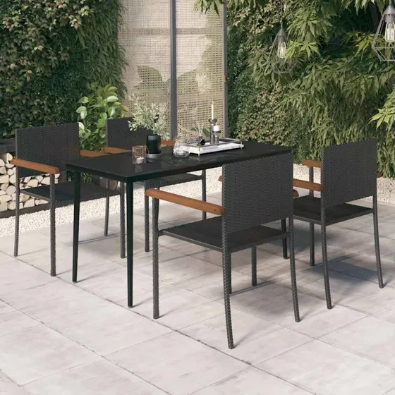 Sort 5-delers havemøbelsæt i polyrattan og glas