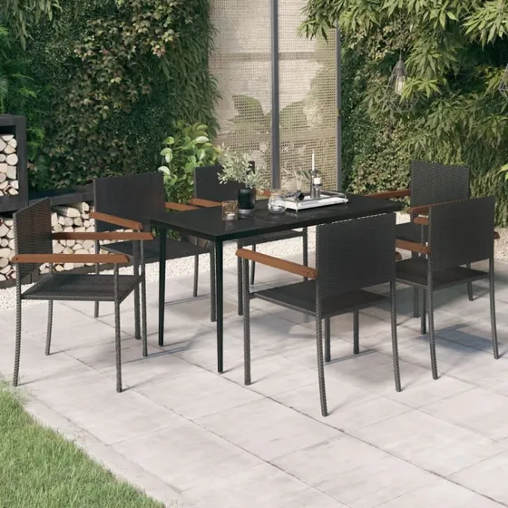 Spisebordssæt til haven 7 dele - sort polyrattan
