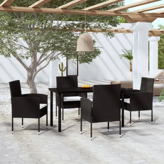 Spisebordssæt til haven 5 dele i sort – polyrattan & glas