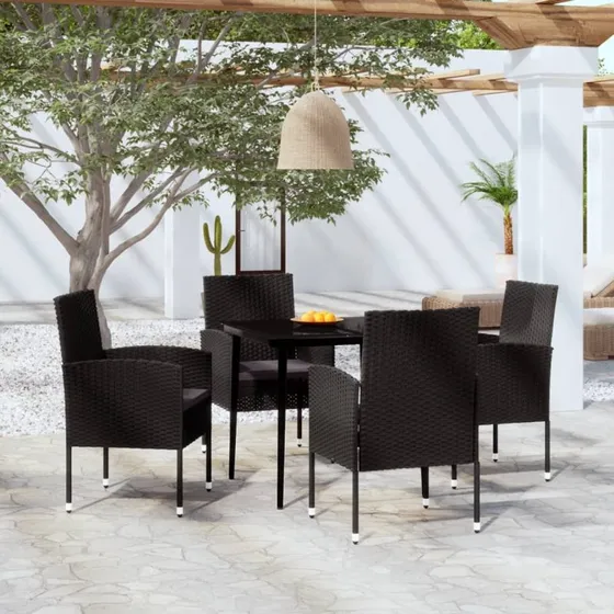 Sort havemøbelsæt 5 dele – polyrattan & glasbord