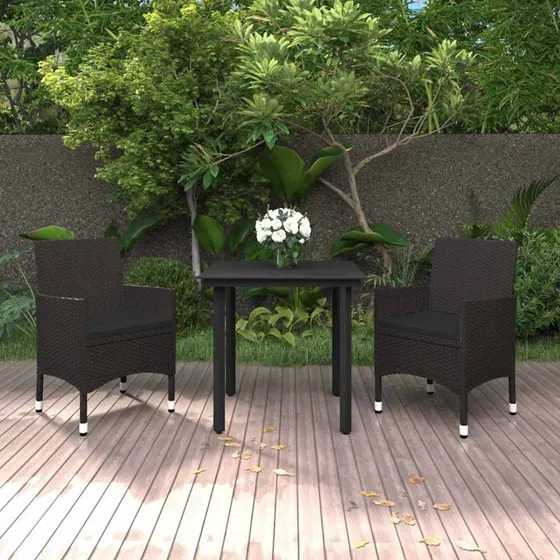 Havesæt 3 dele i polyrattan med hynder og glas