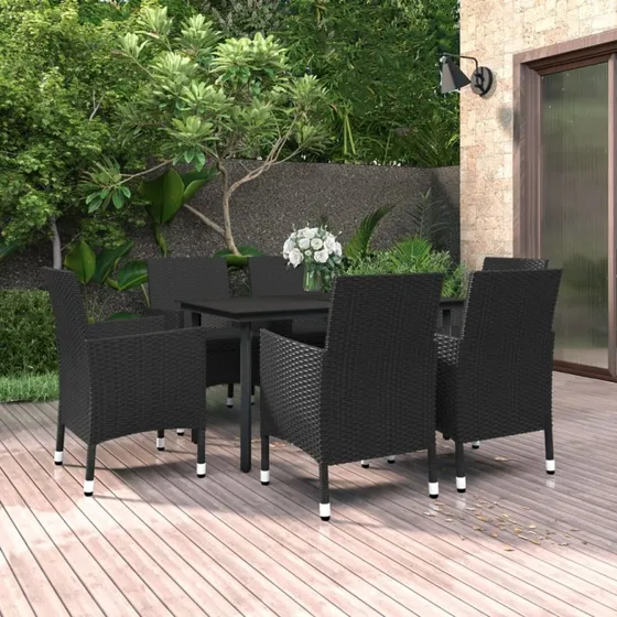 Havemøbelsæt 7 dele i polyrattan med hynder & glas
